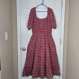 Lea Floral Tiered Poplin Midi/Maxi Dress 1X Puff Sleeves OTS Pockets Green Trim